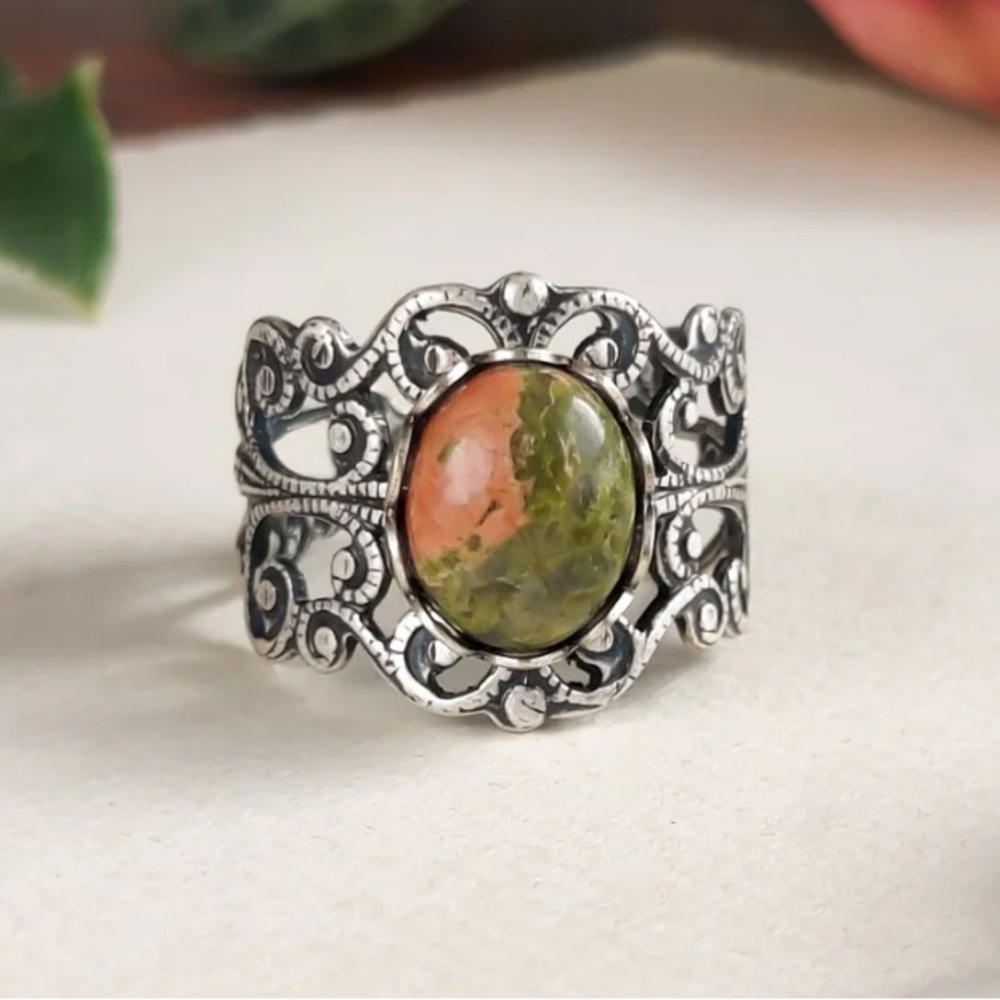 Unakite stone Filigree vintage antique silver tone ring